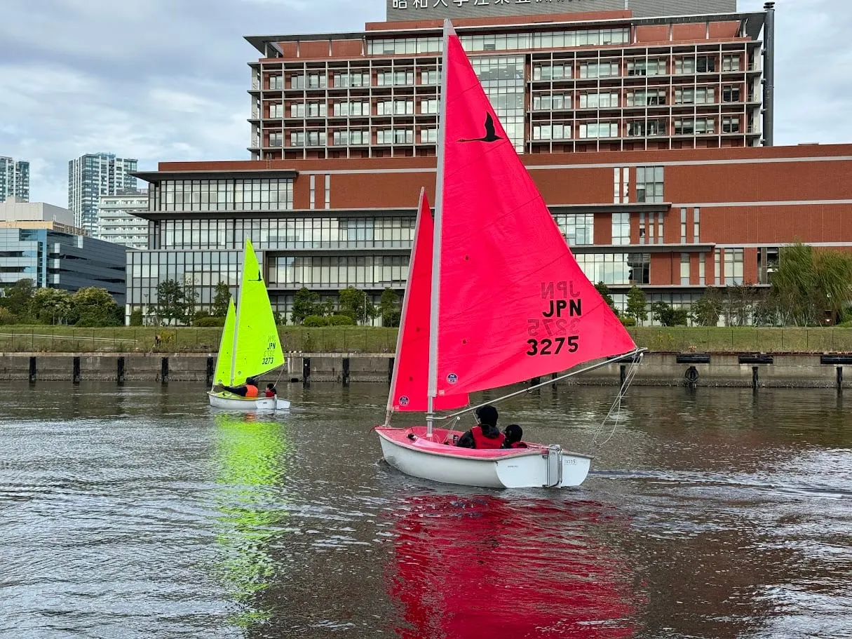 A Hansa boat with a red sail on the water in Toyosu